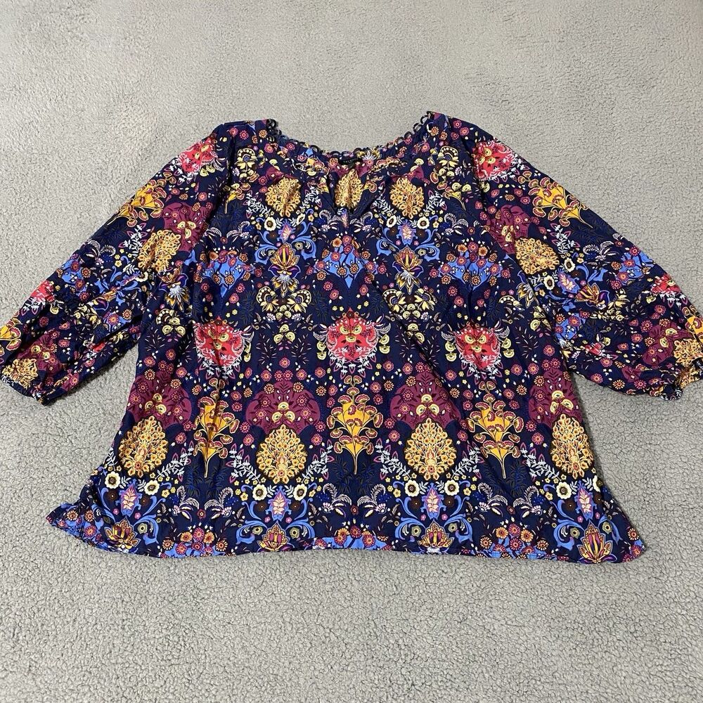 Talbots Plus Top Womens 3X Blue Blouse Floral Baloon Sleeve Peasant Hippie Boho